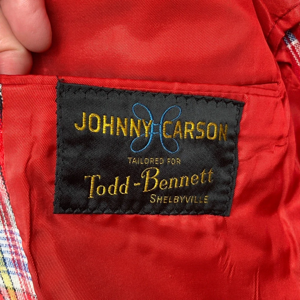 Vintage 70s Johnny Carson Red Tartan Plaid Sport Coat Blazer Mens 40R Mod